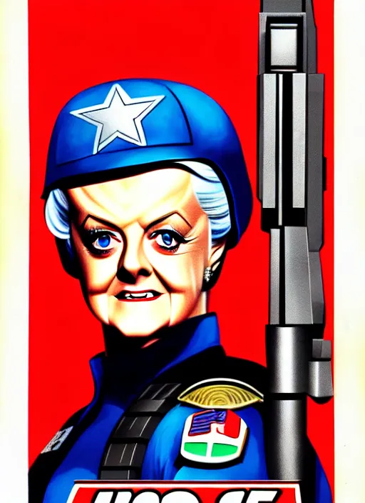 Prompt: g. i. joe portrait painting of angela lansbury, hasbro box art, 1 9 8 8, hq scan