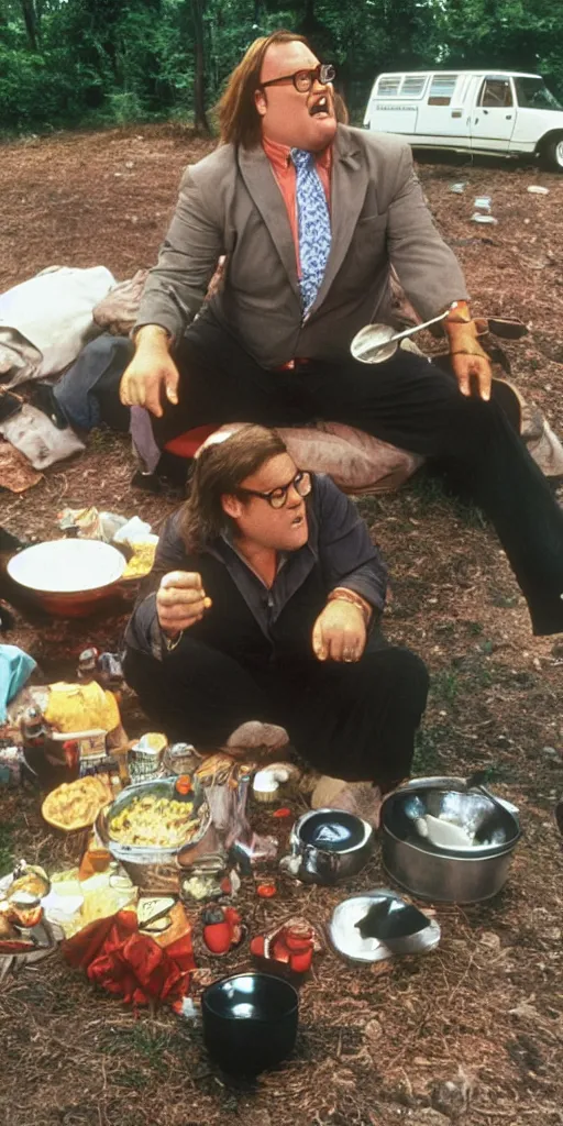 Image similar to matt foley living in a van down by the river cooking some hamburgers in the style of vemeer