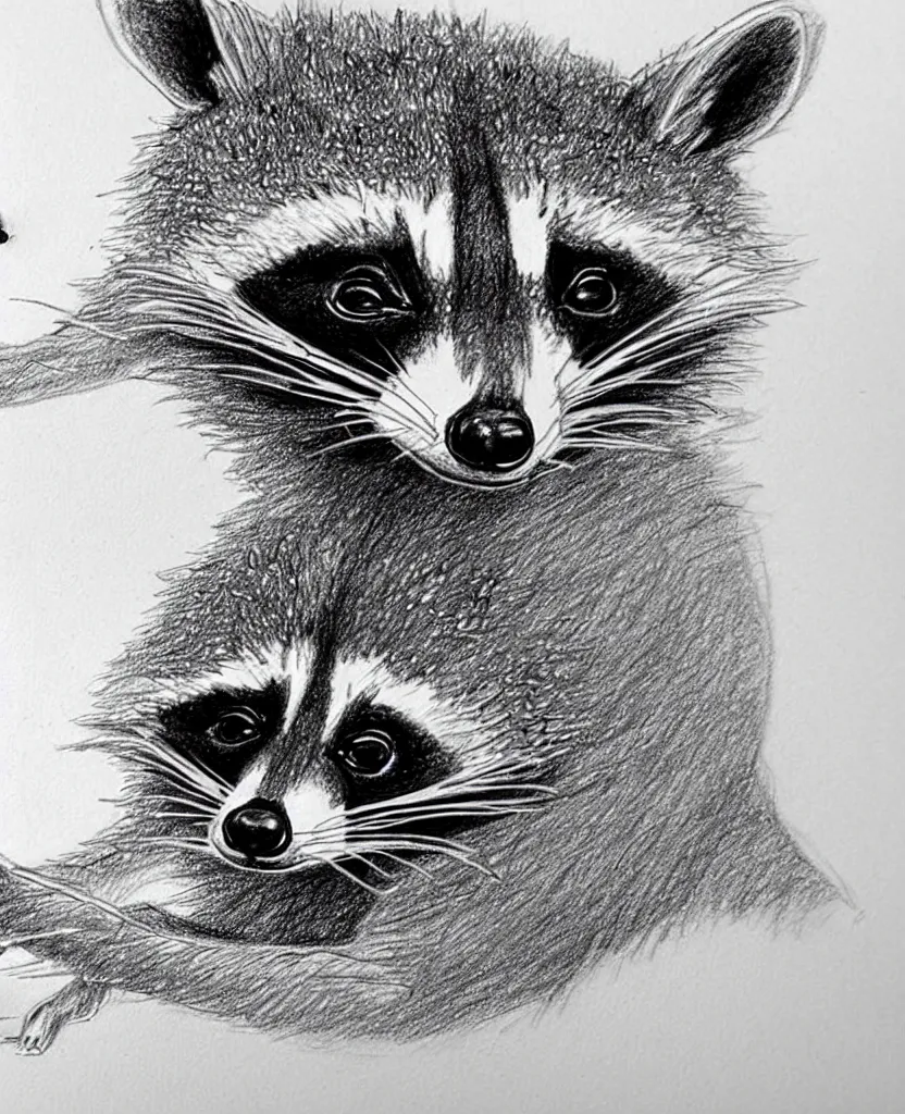 Prompt: detailed pencil sketch of a raccoon holding up and looking at a starfish, children's book