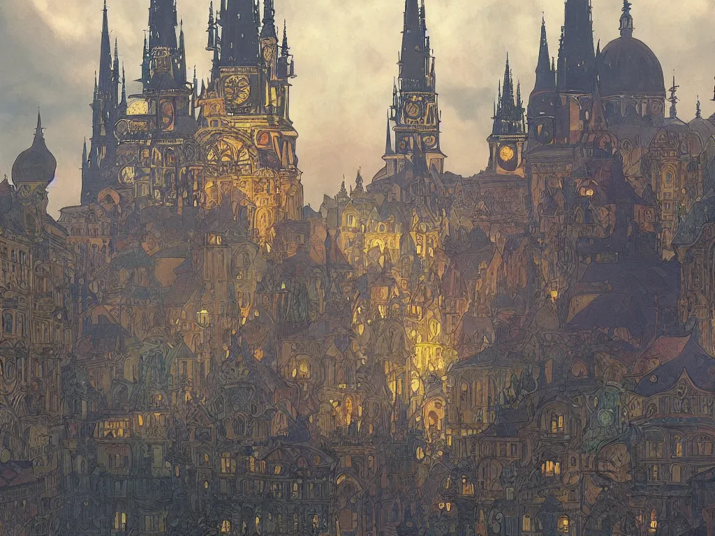 Prompt: a bell jar containing a city resembling prague, paris, and venice at dusk, intricate, elegant, highly detailed, digital painting, artstation, concept art, smooth, sharp focus, colored illustration for tattoo, art by krenz cushart and artem demura and alphonse mucha,