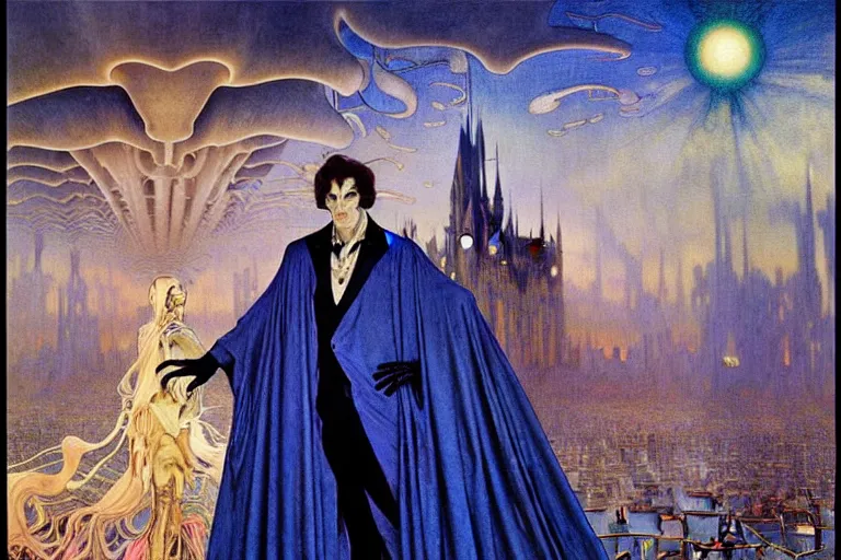 Image similar to realistic extremely detailed portrait painting of an elegantly creepy vampire man in a cape, futuristic sci-fi castle on background by Jean Delville, Amano, Yves Tanguy, Alphonse Mucha, Ernst Haeckel, Edward Robert Hughes, Roger Dean, rich moody colours, blue eyes