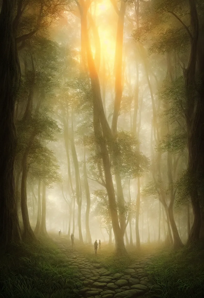 Image similar to backlit path in the middle of a lush green forest at sunset, fog, matte painting, mysticalultra high definition, ultra detailed, symmetry, fog, matte painting, by greg rutkowski and ross tran and wlop