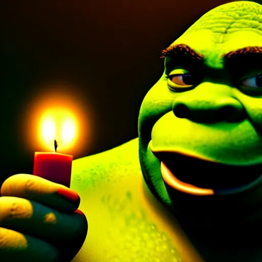 Image similar to shrek holding a candle ultra realistic, lens flare, atmosphere, glow, detailed, intricate, full of colour, cinematic lighting, trending on artstation, 4 k, hyperrealistic, focused, extreme details, unreal engine 5, cinematic, masterpiece, ultra realistic, hyper realistic, highly detailed, sharp focus, digital art