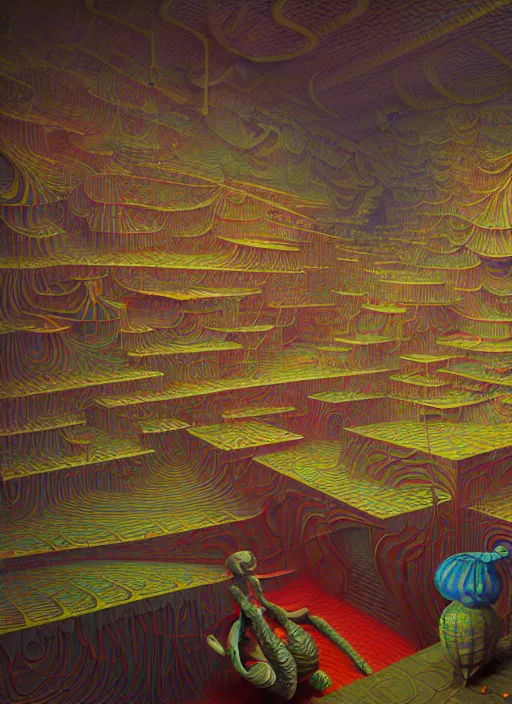 Image similar to hyper detailed 3d render like an Oil painting - Funhouse by Jacek Yerka, Mariusz Lewandowski, Houdini algorithmic generative render, Abstract brush strokes, Masterpiece, Edward Hopper and James Gilleard, Zdzislaw Beksinski, Mark Ryden, Wolfgang Lettl, hints of Yayoi Kasuma, octane render, 8k