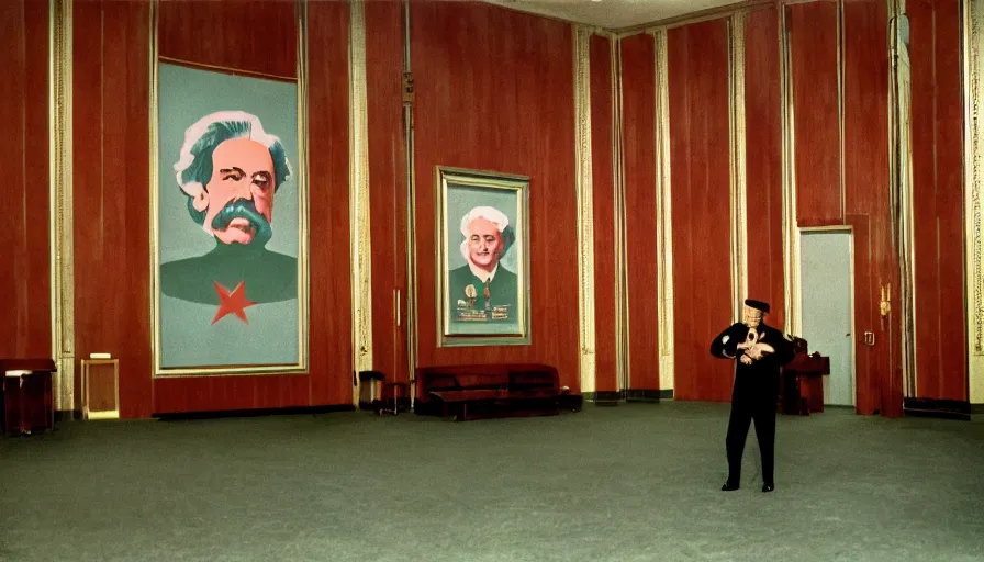 Prompt: 60s movie still of a sovietic stalinist style empty congress palace, with a Karl Marx portrait, cinestill 800t 50mm eastmancolor, liminal Space style, heavy grain-s 150