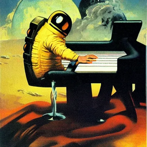 Image similar to astronaut playing keyboard by frank frazetta