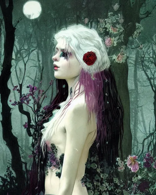Image similar to a beautiful but creepy young woman in layers of fear, with haunted eyes, violence in her eyes, crazy white hair, wearing a punk outfit, 1 9 7 0 s, seventies, delicate embellishments, a little blood, woodland, moonlight shining on wildflowers, painterly, offset printing technique, by alexandre cabanel