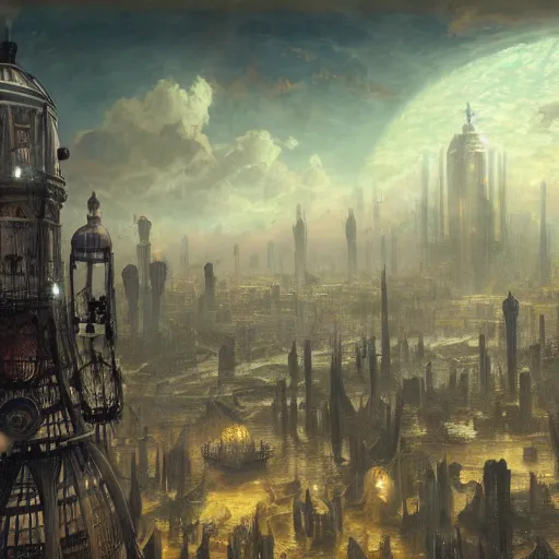 Image similar to enormous flying city in a faberge egg, sky, steampunk, fantasy art, masterpiece, hugh ferriss, unreal engine, andreas achenbach cloudy background, latticework