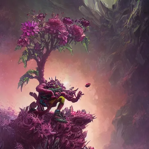 Prompt: corrupted sentinel picking up flower on infested planet colorful, fantasy, intricate, highly detailed, digital painting, hq, trending on artstation, illustration, style of stanley artgerm and greg rutkowski and dan mumford