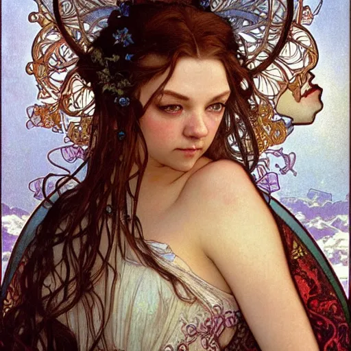 Prompt: realistic detailed face portrait of young Natalie Dormer Bride by Alphonse Mucha, Ayami Kojima, Amano, Charlie Bowater, Karol Bak, Greg Hildebrandt, Jean Delville, and Mark Brooks, Art Nouveau, Neo-Gothic, Surreality, gothic, rich deep moody colors