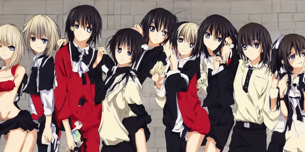 Image similar to 2 anime girls posing with 6 anime boys