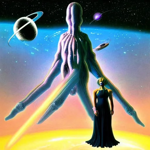 Image similar to futuristic | album cover | space station | astronaut woman | in the style of wayne barlowe