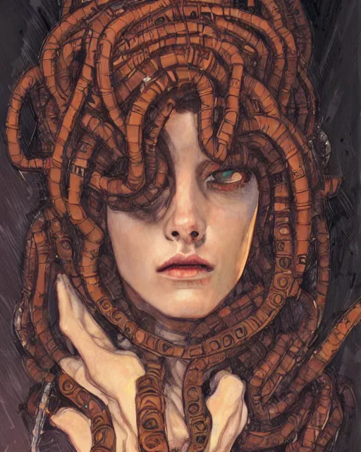 Prompt: portrait of a cyberpunk medusa by greg rutkowski in the style of egon schiele