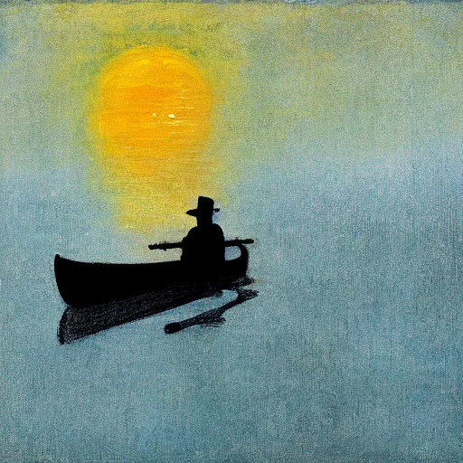 Image similar to silhouette of a man standing in a rowboat, lake, whisps of fog, moonlit night, by peter doig