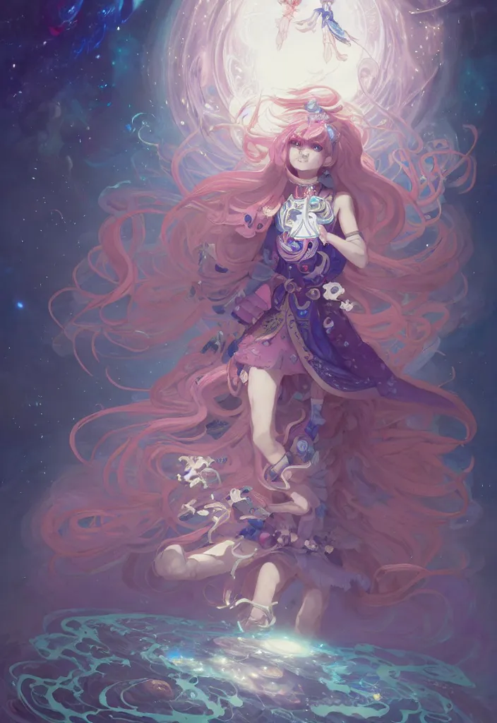 Prompt: full body picture of an maximalist dress magical girl, neat hair with bangs, smug face, extremely beautiful and aesthetic and detailed cute face and eyes, wipe out evils with cute astronaut familiar sprites, aming the magical beams to the camera, chiaroscuro, intricate, masterpiece, epic fantasy illustrations by peter mohrbacher and anato finnstark and jeremy lipking