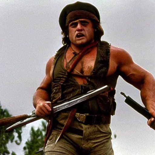 Image similar to A still of Danny Devito as Rambo in Rambo First Blood (1982)