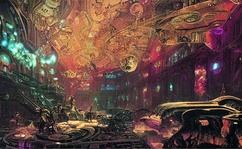 Prompt: baroque neoclassicist halls decorated with sci - fi colorful chrome alien organic textures. iridescent textures. glowing fog, black background. highly detailed fantasy science fiction painting by moebius, norman rockwell, frank frazetta, and syd mead. rich colors, high contrast