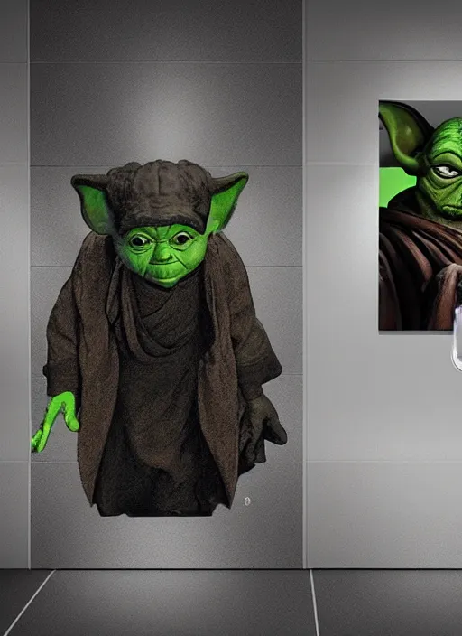 Image similar to yoda and darth vader at separate urinals next to each other, photorealistic photography