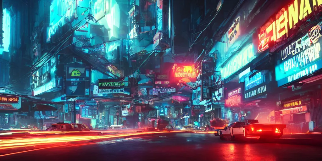 Image similar to a 3 d rendered in unreal engine guatemalan cyberpunk city with neon ads and signs with evocative dramatic mood with blade runner vibe with cars with motion blur with depth of field with bloom with lightshaft with volumetric lights, fog, by scott robertson, oscar winning graphics, photo realistic, bloom, imax, dynamic lighting, artstation,