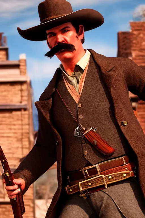 Prompt: highly photorealistic render of young val kimer as wyatt earp from tombstone set against a western town, intricate detail, attention to details, realistic color scheme, volumetric lighting