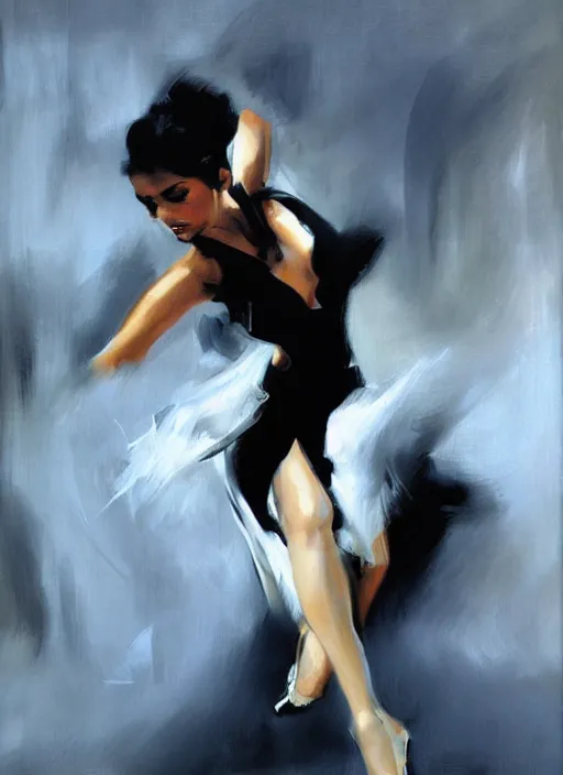 Prompt: sensual tango dancer girl in white dress, painting by phil hale, fransico goya, action lines, graphic style, visible brushstrokes, motion blur, blurry, visible paint texture, crisp hd image