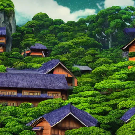 Image similar to stunning vista of lush foliage and wooden homes under dramatic sky, by studio ghibli, sharp focus vfx key shot