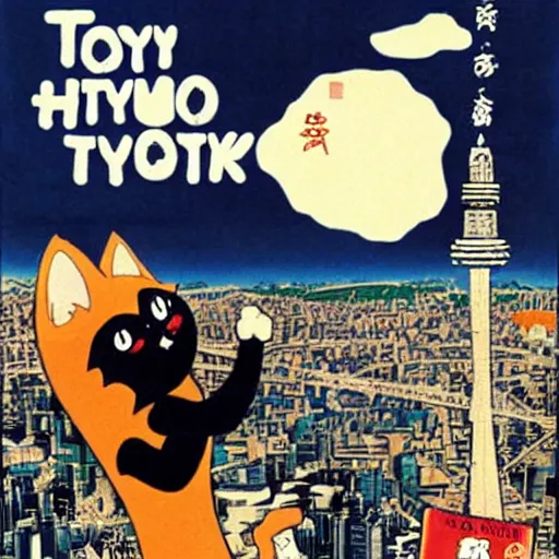 Prompt: giant evil cat destroys tokyo, poster