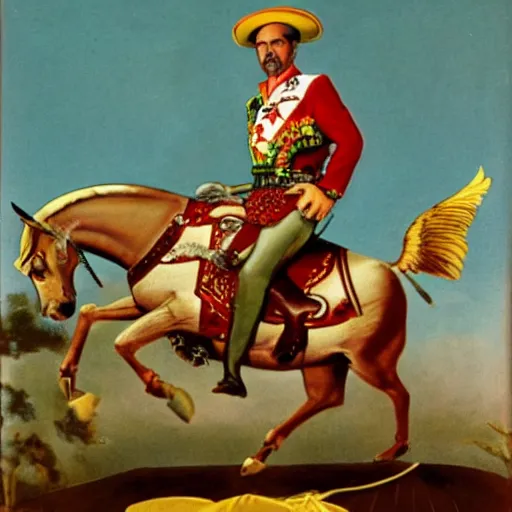 Prompt: francisco franco riding a griffin dressed as a bullfighter in the sky