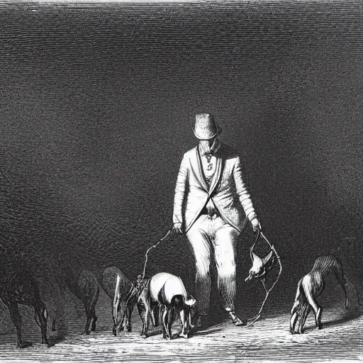 Image similar to a gentleman pig in a tuxedo, leading wild dogs on a leash, creepy, chiaroscuro, dark night, illustration by Gustave Doré,