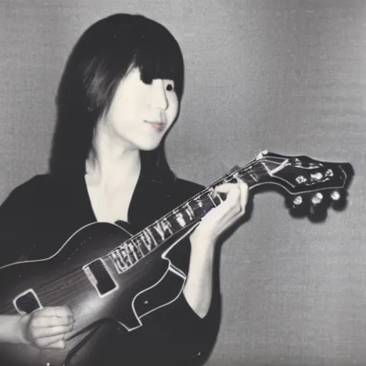 Image similar to a polaroid of a female japanese artist playing an archtop electric guitar, 1 9 7 0 s