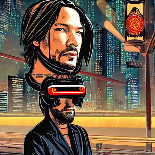 Image similar to Illustrated by Shepard Fairey and H.R. Geiger | Cyberpunk Keanu Reevse with VR helmet, surrounded by cables