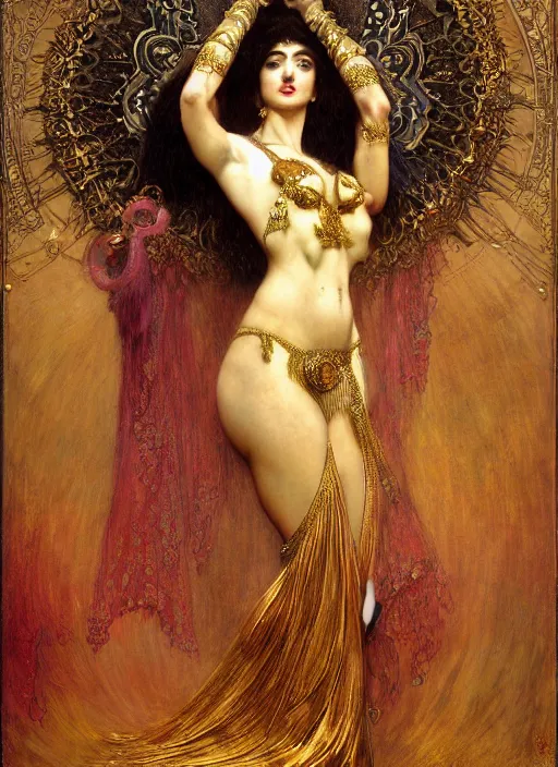 Prompt: hyper realistic painting of fusion bellydance, gold ornaments, flowing fabric, intrincate detail by wayne barlowe, gustav moreau, goward, gaston bussiere and roberto ferri, santiago caruso, and austin osman spare, ( ( ( ( occult art ) ) ) ) bouguereau, alphonse mucha, saturno butto