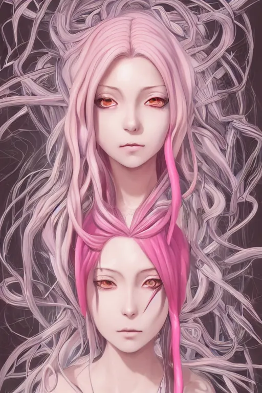 Prompt: portrait of an anime manga girl with floating pink and white dreads that are snakes, straight on portrait, by artgerm, james jean, tom bagshaw, gerald brom, 4 k, smooth, hd, substance designer render, full body character concept art, symmetrical,