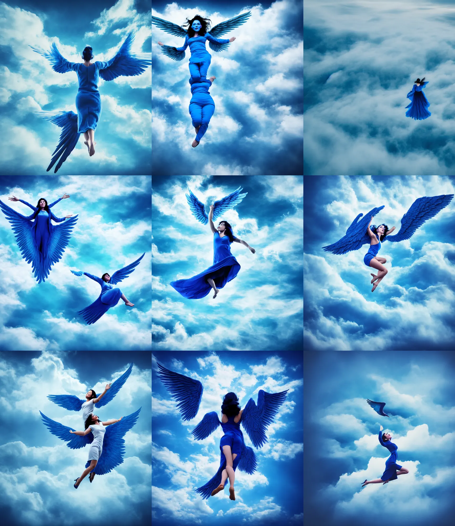 Prompt: woman with blue skin and wings, full body flying in the clouds