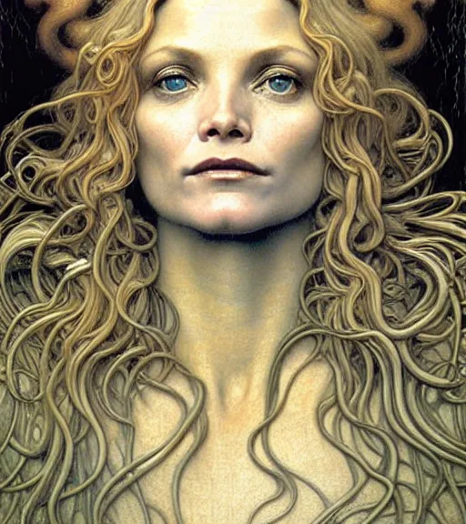 Image similar to detailed realistic beautiful young michelle pfeiffer as queen of jupiter face portrait by jean delville, gustave dore and marco mazzoni, art nouveau, symbolist, visionary, gothic, pre - raphaelite. horizontal symmetry by zdzisław beksinski, iris van herpen, raymond swanland and alphonse mucha. highly detailed, hyper - real, beautiful