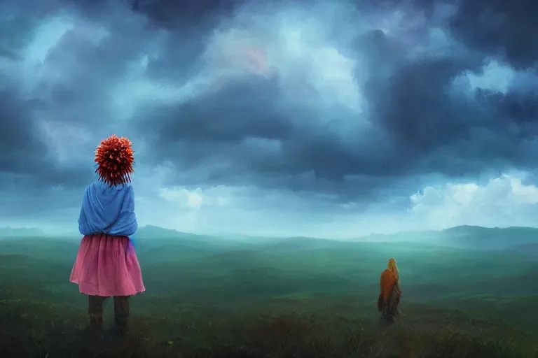 Image similar to closeup giant dahlia flower as head, girl standing on mountain, surreal photography, blue storm clouds, dramatic light, impressionist painting, digital painting, artstation, simon stalenhag