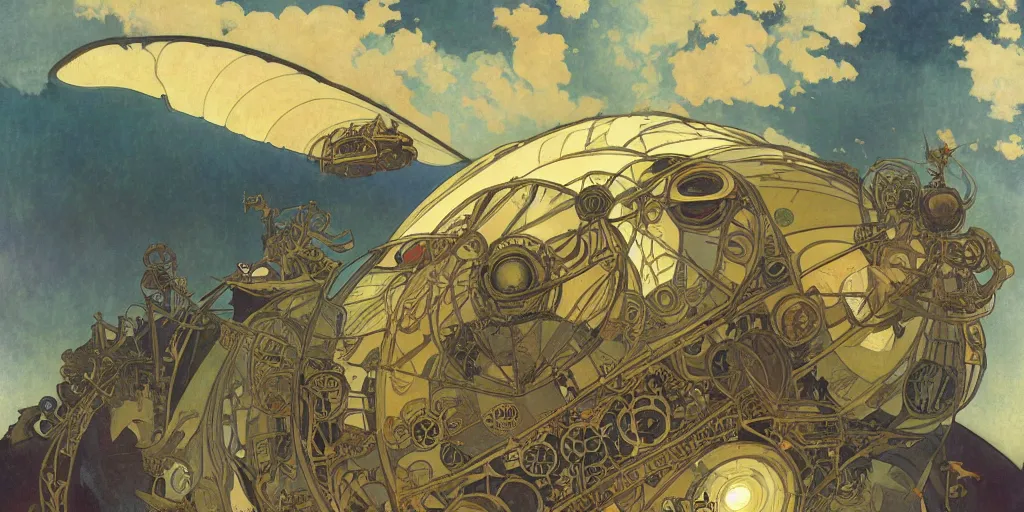 Prompt: a steampunk airship emerges over the horizon of an alien planet, artwork by alphonse mucha, dramatic lighting, long shadows, brushstrokes, paper texture.