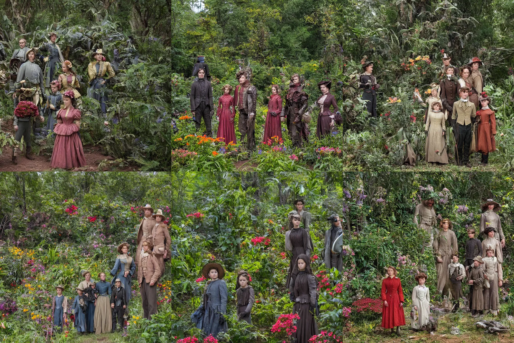 Prompt: sharp, highly detailed, 43456k film, 321800mm film still from a sci fi blockbuster color movie made in 2019, set in 1860, of a family standing in a park, next to some strange alien plants and flowers, on an alien planet, the family are all wearing 1860s era clothes, good lighting, ultra high definition, in focus, 35mm macro lens
