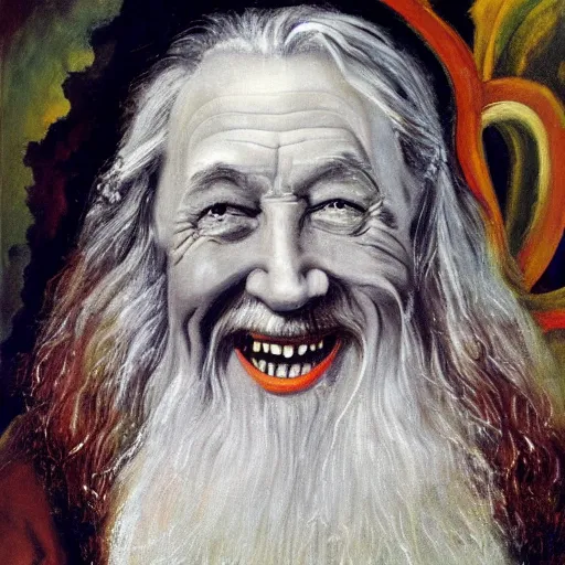 Image similar to a deliriously happy Gandalf Reeves, portrait oil painting by Otto Dix, oil on canvas (1921)