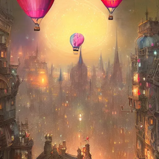 Image similar to a beautiful stunning fantasy whimsical matte digital illustration of a hot - air balloon race over a city at night by marc simonetti, pastel color palette, disney steampunk, chiaroscuro magical bokeh moon stars, trending on artstation hq, masterpiece