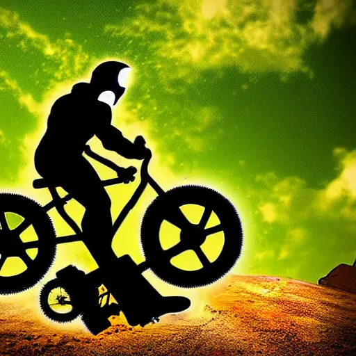 Prompt: portrait of marvel ghost rider driving a rockrider mountain bike, medium shot, realistic