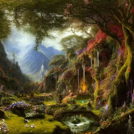 Image similar to a beautiful and highly detailed matte painting of an elven garden in a mystical forest in a dreamy valley deep in the tall mountains of avalon, intricate details, epic scale, insanely complex, 8 k, sharp focus, hyperrealism, very realistic, by caspar friedrich, albert bierstadt, james gurney, brian froud,