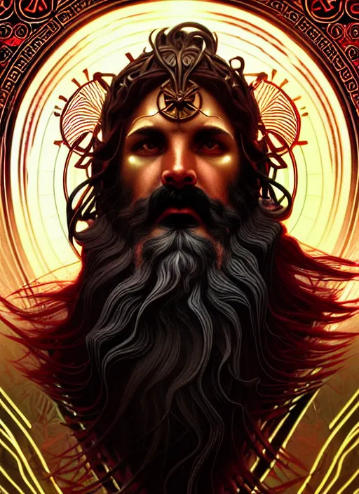 Prompt: furious god zeus, wavy black hair, bushy beard, glowing eyes, volumetric lights, red and gold scheme, art nouveau botanicals, gothic, intricate, highly detailed, digital painting, artstation, concept art, smooth, sharp focus, symmetric face, illustration, steampunk, art by artgerm and greg rutkowski and alphonse mucha