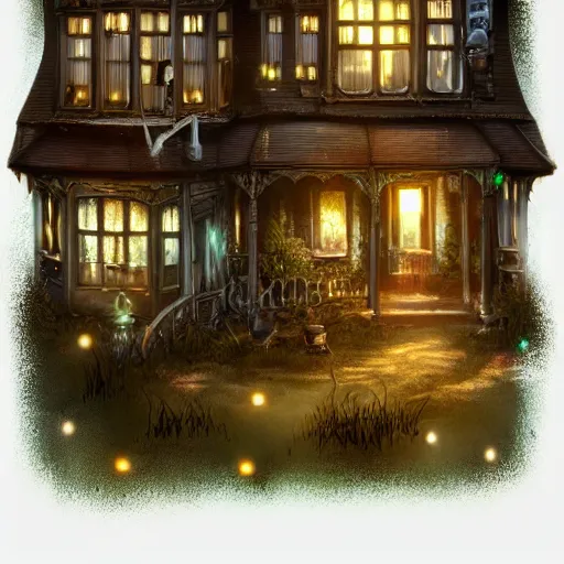 Prompt: victorian house in the forest near cemetery scene with a lot of lights, glass elements, wires and tubes, high details, many small details, dieselpunk, trending on artstation. com, greatly inspired by legends of runeterra