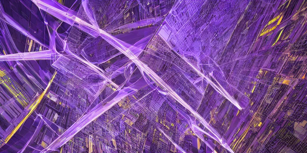 Prompt: abstract purple images representing connected cities and buildings, traffic with light trails, from different perspectives interesting or unusual angles, perspective that looks up at buildings from below, evening or night cityscapes of buildings and roads from aerial or elevated view, evening or night cityscapes captured from human eye level, abstract facades of buildings, urban city view with unique angles