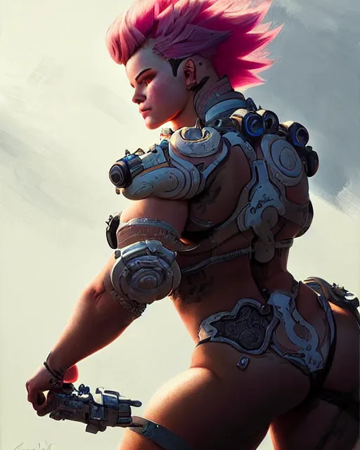 Image similar to zarya from overwatch, character portrait, concept art, intricate details, highly detailed by greg rutkowski, michael whelan and gustave dore