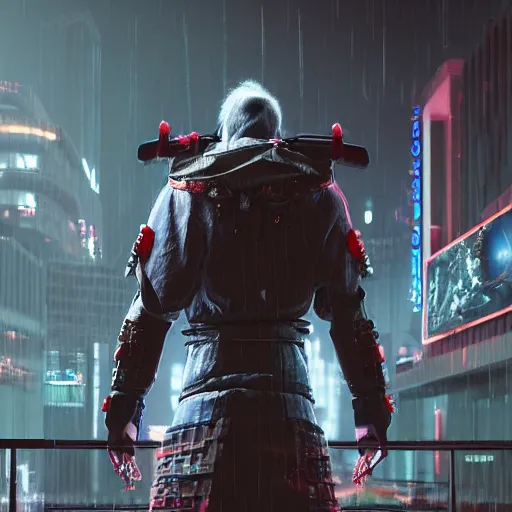 Prompt: cyberpunk samurai in a dytopian future, ultra realistic, fog, raytracing, reflections, rain, octane render