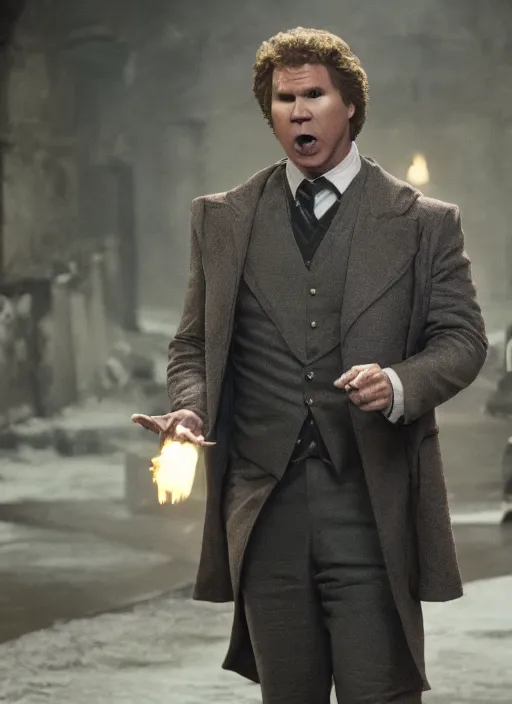 Image similar to will ferrell in harry potter, movie still frame, cinematic, 4 k