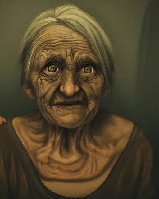 Prompt: a portrait of a grotesque old woman standing by my bed at night, photorealistic horror, ultra realistic, dark gloomy, 4 k resolution