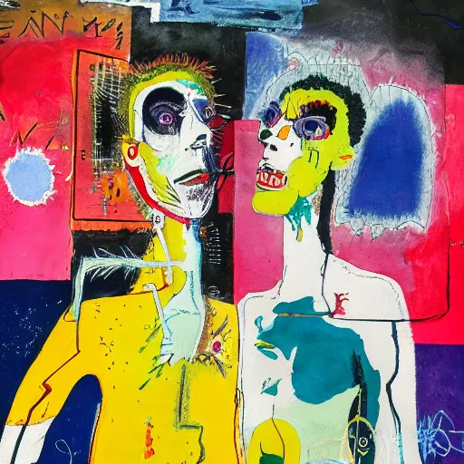 Image similar to watercolor painting of two bizarre psychedelic goth women kissing each other closeup in a space station in japan, speculative evolution, mixed media collage by basquiat and jackson pollock, maximalist magazine collage art, sapphic art, lesbian art, chemically damaged